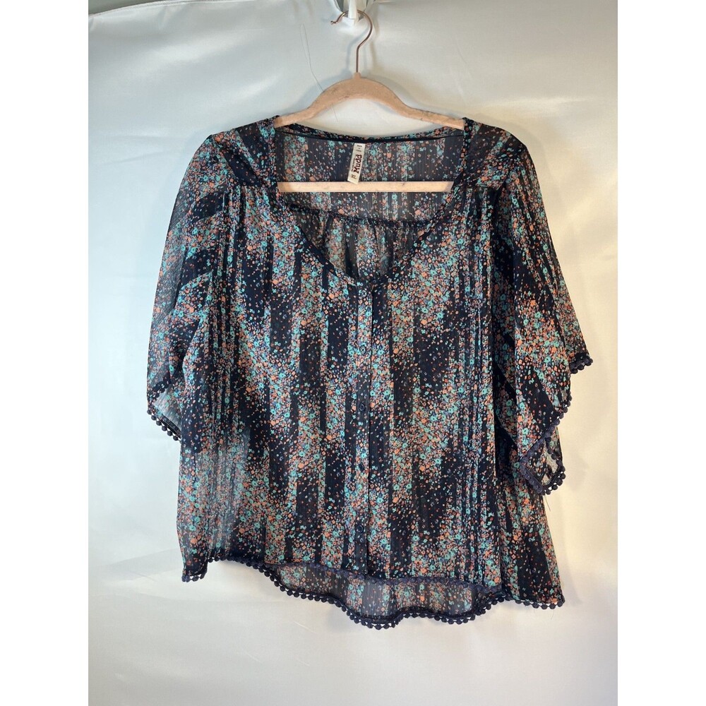 MUDD XLARGE HIGH LO SHEER BLUE FLORAL SHORT SLEEVE JUNIOR BLOUSE